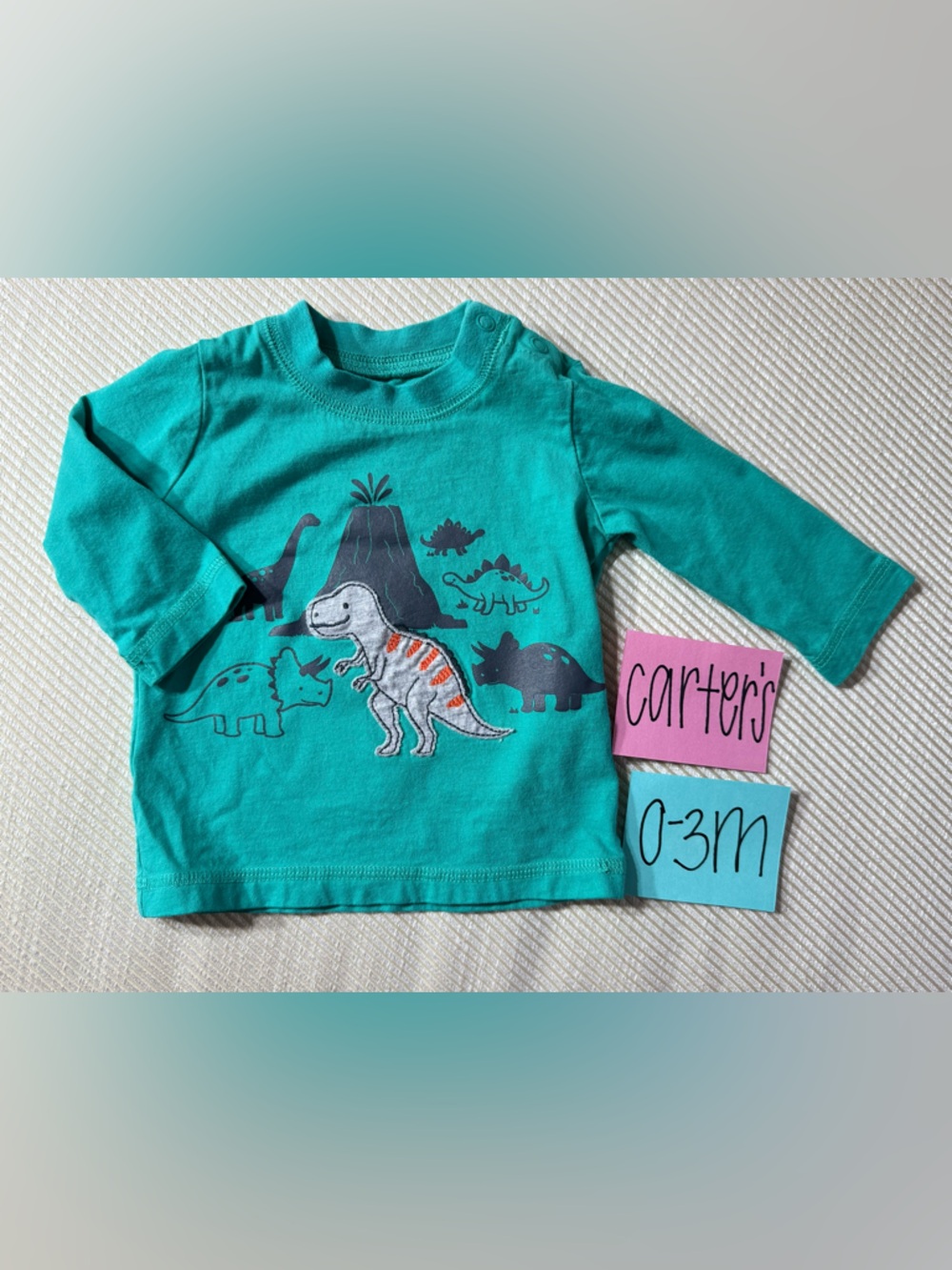 NWOT Carter's Infant Teal Dinosaur Volcano Long Sleeve Tee, 0-3 Months